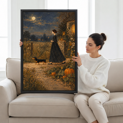 Woman in a white sweater holding a large dachshund moonlit walk framed canvas wall art on a beige sofa