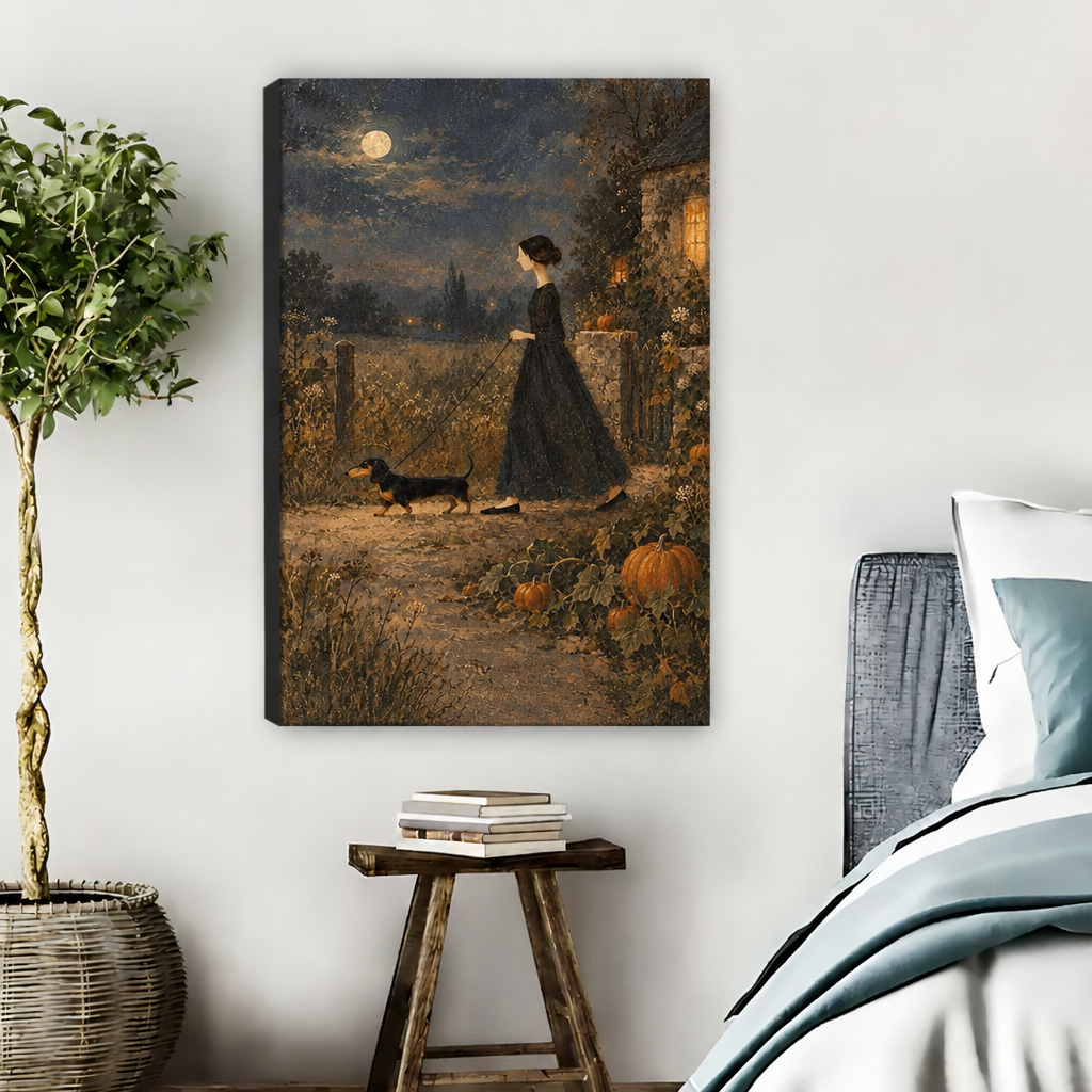 Frameless gallery wrap dachshund moonlit walk canvas wall art showing a woman walking her dog under a full moon