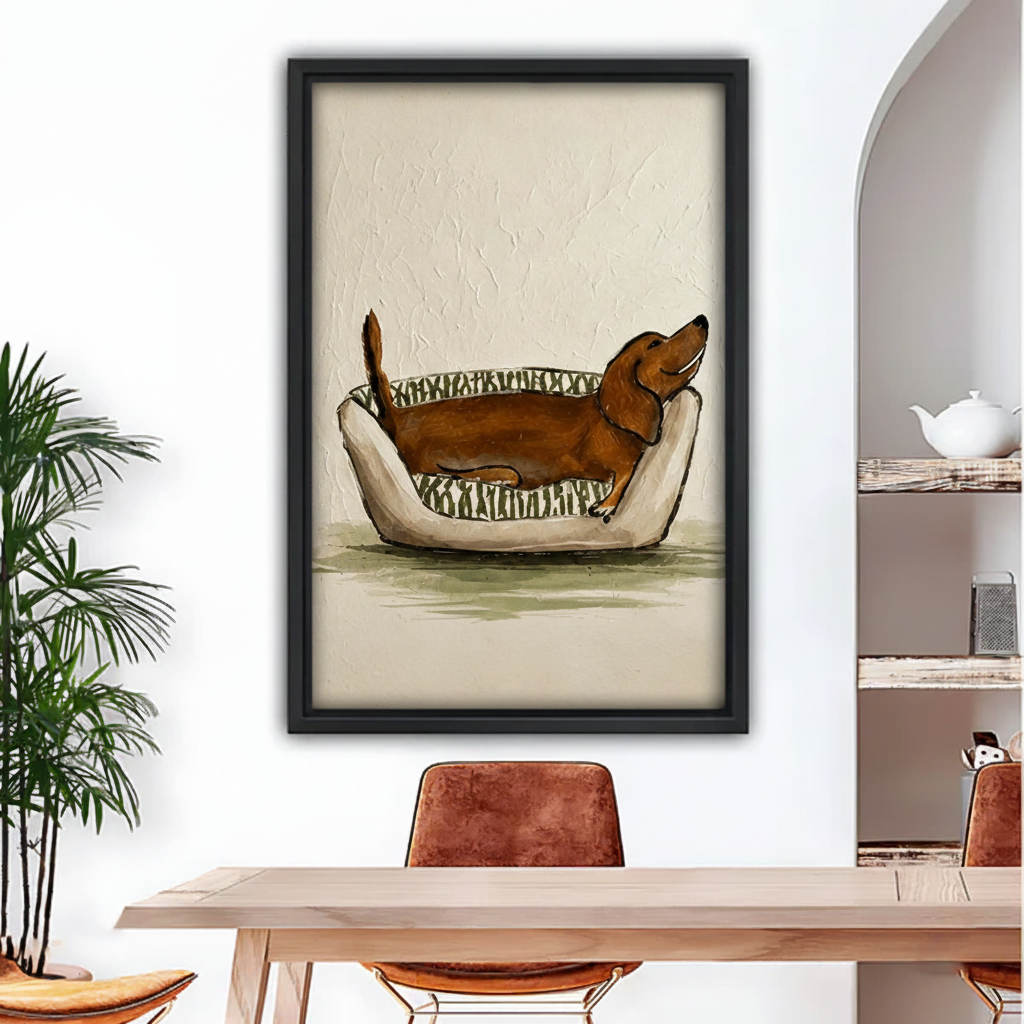 dachshund napping in dog bed canvas wall art in black float frame above rustic dining table