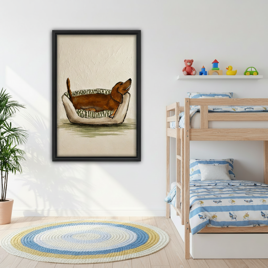 dachshund napping in dog bed canvas wall art in black float frame beside kids bunk bed