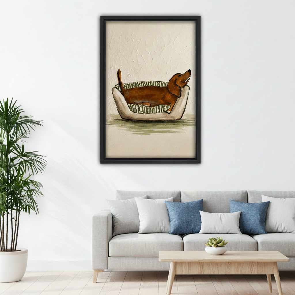 dachshund napping in dog bed framed canvas wall art above gray sofa in bright modern living room