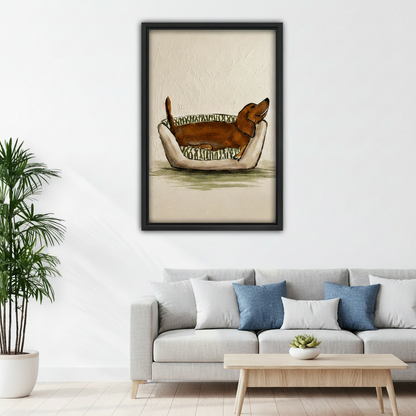 dachshund napping in dog bed framed canvas wall art above gray sofa in bright modern living room