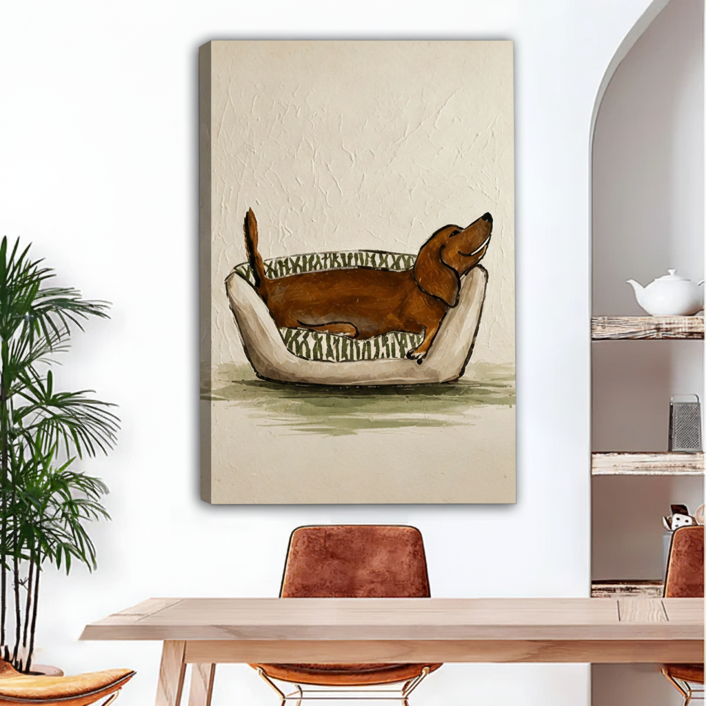 dachshund napping in dog bed gallery wrap canvas wall art above wooden dining table with arched wall