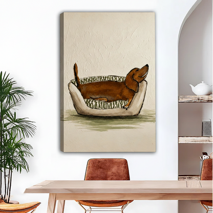 dachshund napping in dog bed gallery wrap canvas wall art above wooden dining table with arched wall