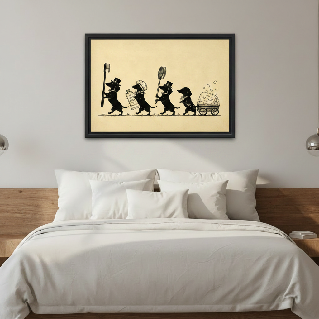 Framed dachshund parade wall art print hung above a bed in a minimalist bedroom, featuring four dogs with toothbrush brush and soap cart in antique illustration style