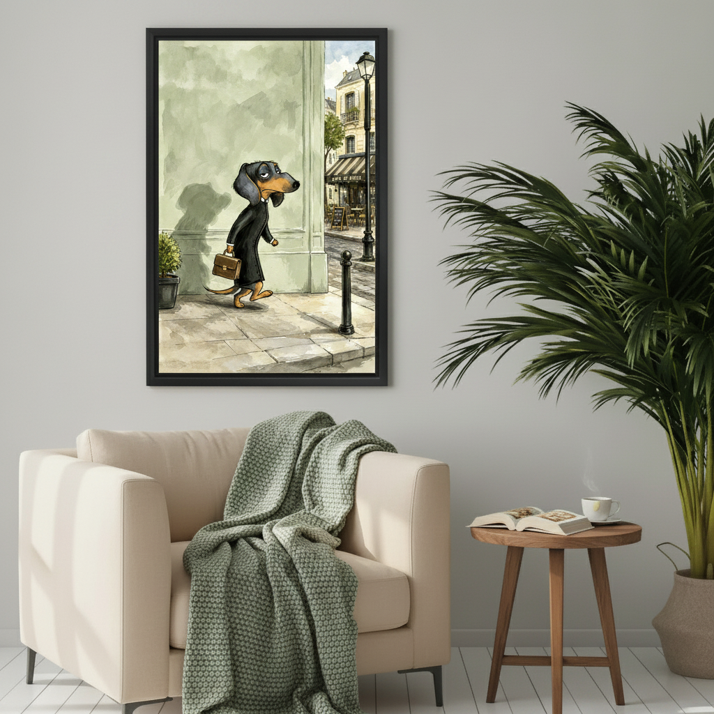 Watercolor dachshund Paris street framed canvas print above cream armchair with green throw blanket cozy room