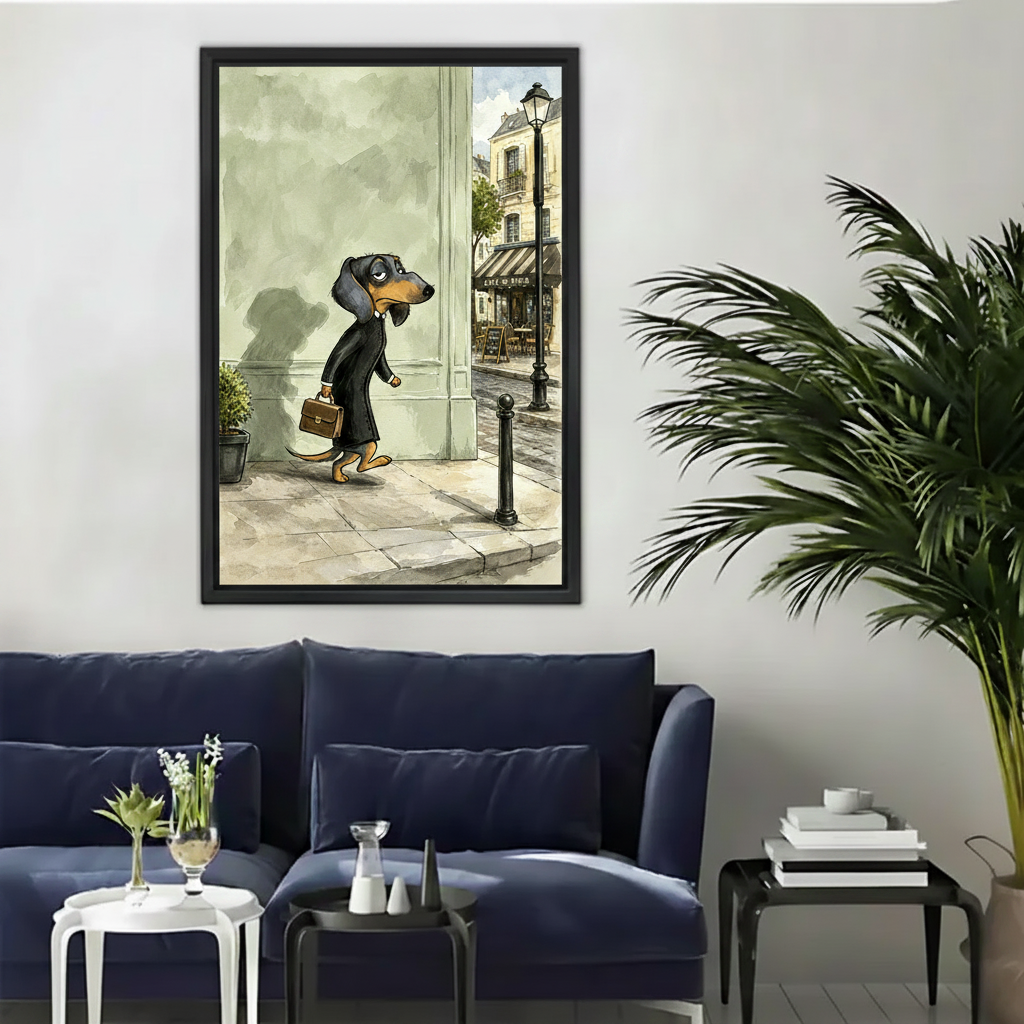 Black framed dachshund Paris street watercolor canvas wall art hanging above navy sofa with palm plant
