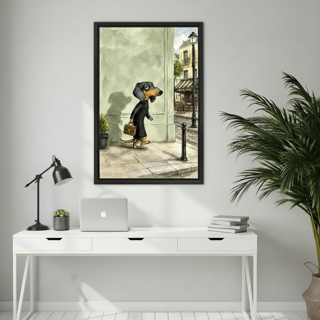 Dachshund Paris street watercolor canvas wall art black frame above white desk laptop home office decor