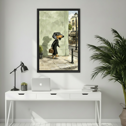 Dachshund Paris street watercolor canvas wall art black frame above white desk laptop home office decor