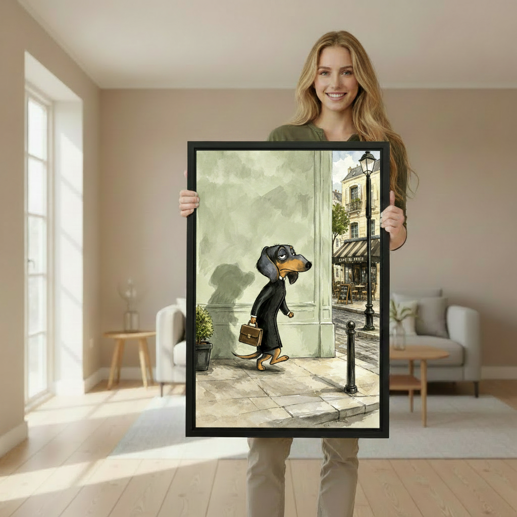 Woman holding large black framed watercolor dachshund Paris street canvas wall art in bright modern room