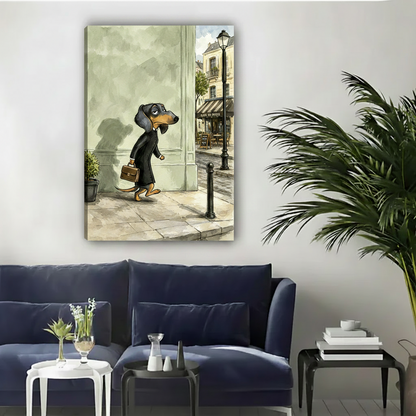 Watercolor dachshund Paris street canvas wall art unframed gallery wrap above navy blue sofa living room