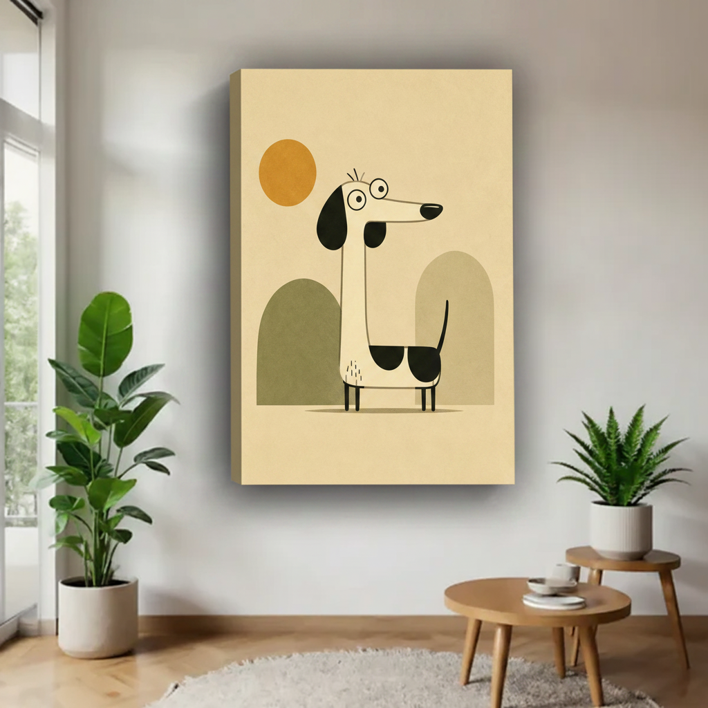 Dachshund whimsical dog art gallery wrap canvas with beige wrap edge hung in minimalist room beside green monstera and aloe plants