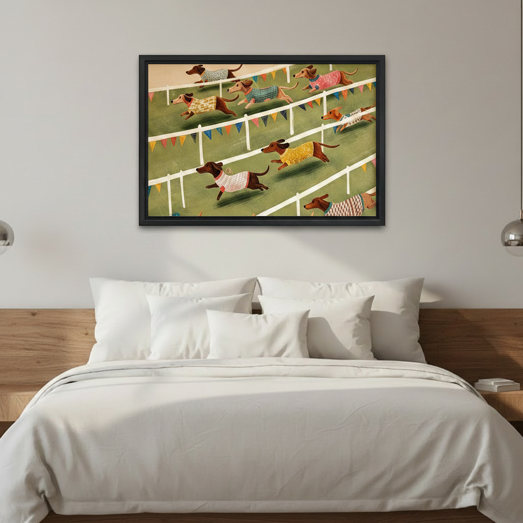 Vintage dachshund race framed canvas wall art mounted above a white bedding bed in a minimalist modern bedroom