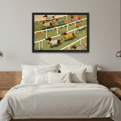 Vintage dachshund race framed canvas wall art mounted above a white bedding bed in a minimalist modern bedroom