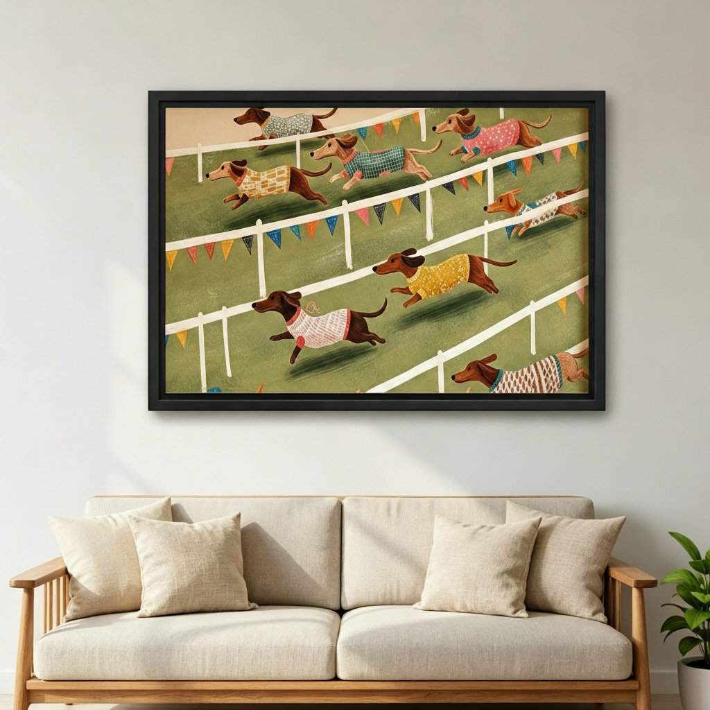Quirky framed dachshund race canvas art styled above a neutral linen sofa in a bright Scandinavian living room