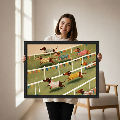 Woman holding large framed dachshund racing canvas print showing size scale and black frame detail