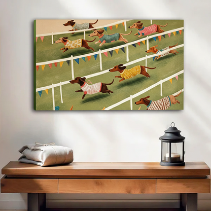 Unframed stretched canvas wall art of whimsical dachshunds in patterned sweaters running on a race track, hung above a rustic console