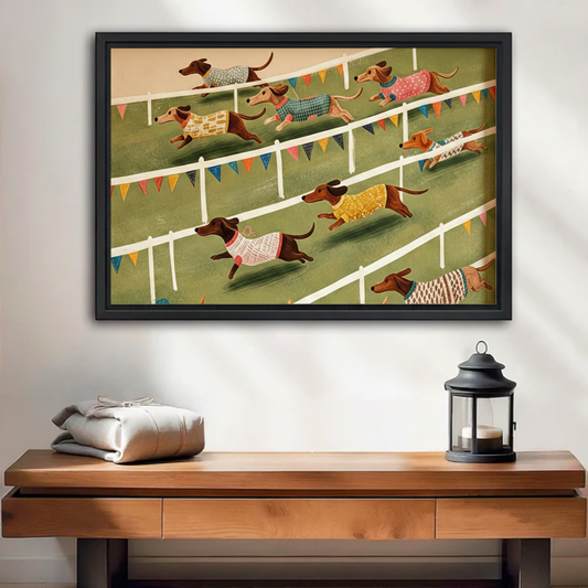 Framed vintage canvas print of colorful dachshunds racing in sweaters, displayed above a wooden console table