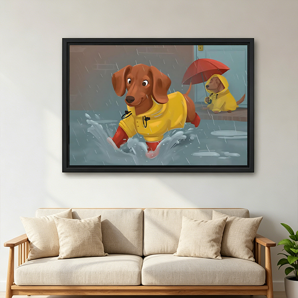 Framed dachshund rainy day canvas wall art featuring yellow raincoats and a red umbrella above a white bed.
