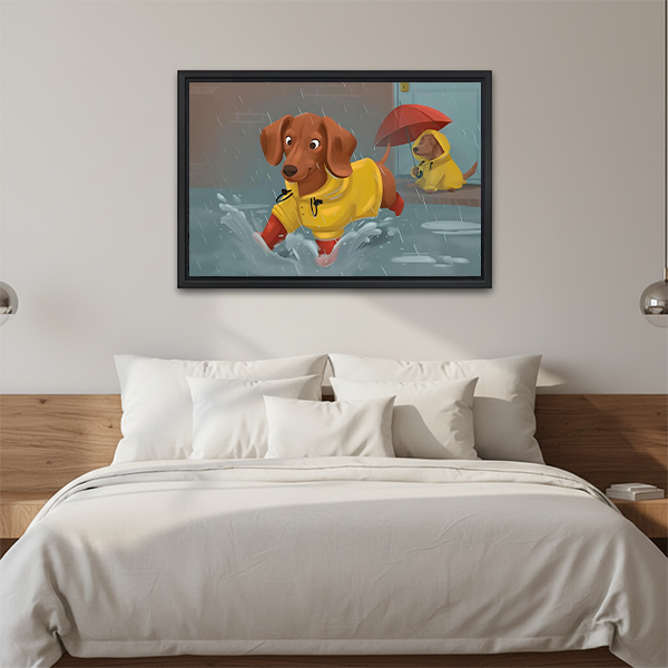 Black framed dachshund rainy day canvas wall art above a wooden console beside a lantern and folded fabric.