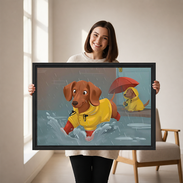 Black framed dachshund rainy day canvas wall art with playful dogs displayed above a cream living room sofa.