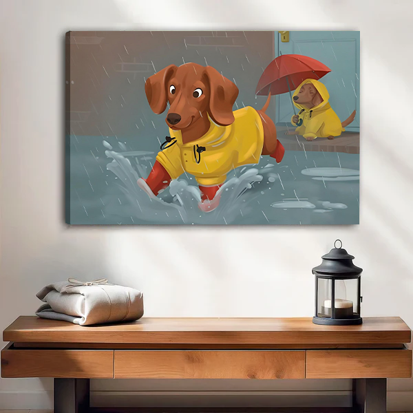 Gallery-wrap dachshund rainy day canvas wall art showing a dog splashing in puddles above a wooden console.