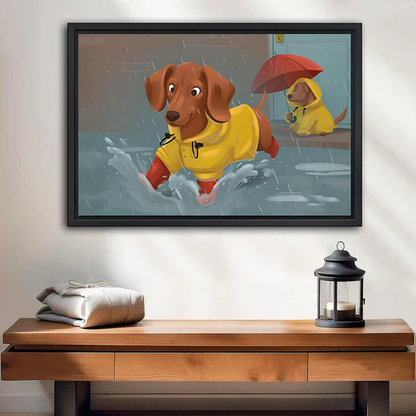 Woman holding black framed dachshund rainy day canvas wall art featuring yellow raincoats and a red umbrella.