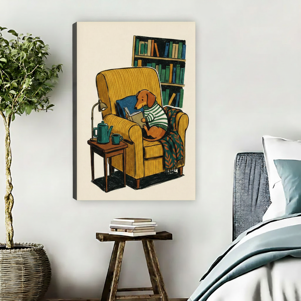 Frameless gallery wrap canvas of whimsical dachshund reading in striped sweater displayed in warm bedroom with indoor plant