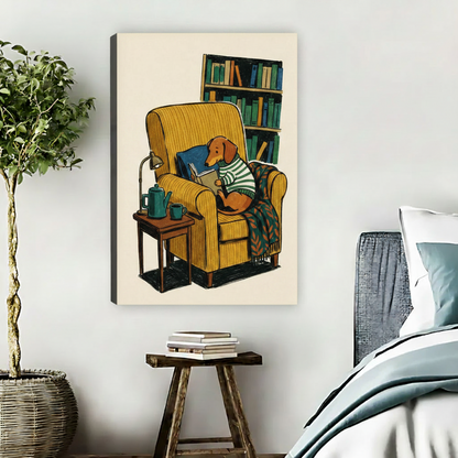 Frameless gallery wrap canvas of whimsical dachshund reading in striped sweater displayed in warm bedroom with indoor plant