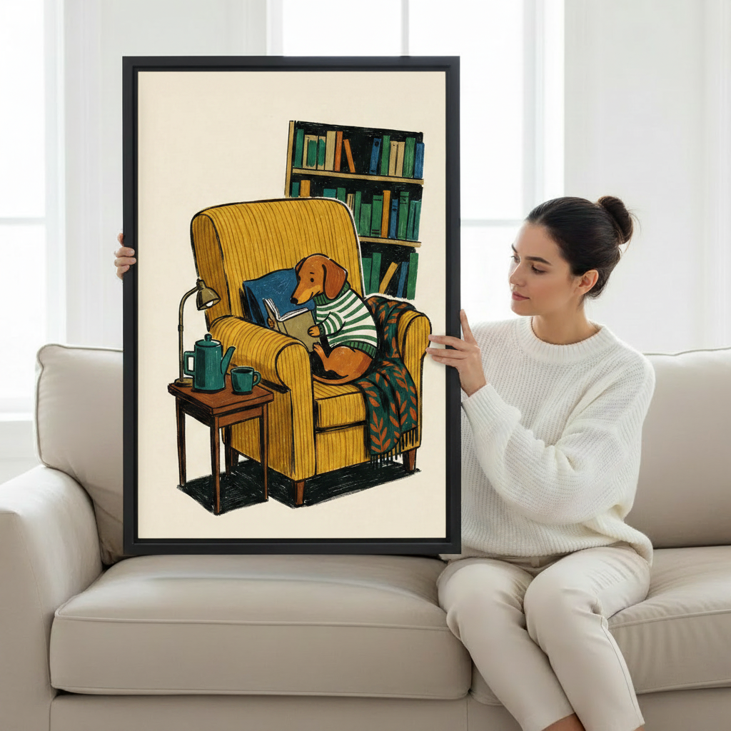 Woman holding large vintage dachshund reading book framed canvas print on sofa showing artwork scale and cozy illustration detail