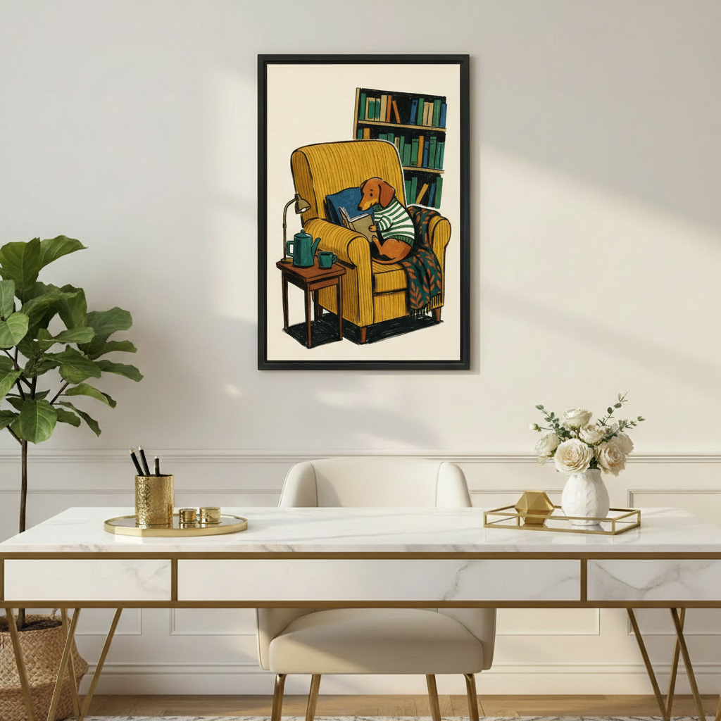 Whimsical dachshund reading book framed canvas wall art above marble desk in elegant gold-accented home office with white roses