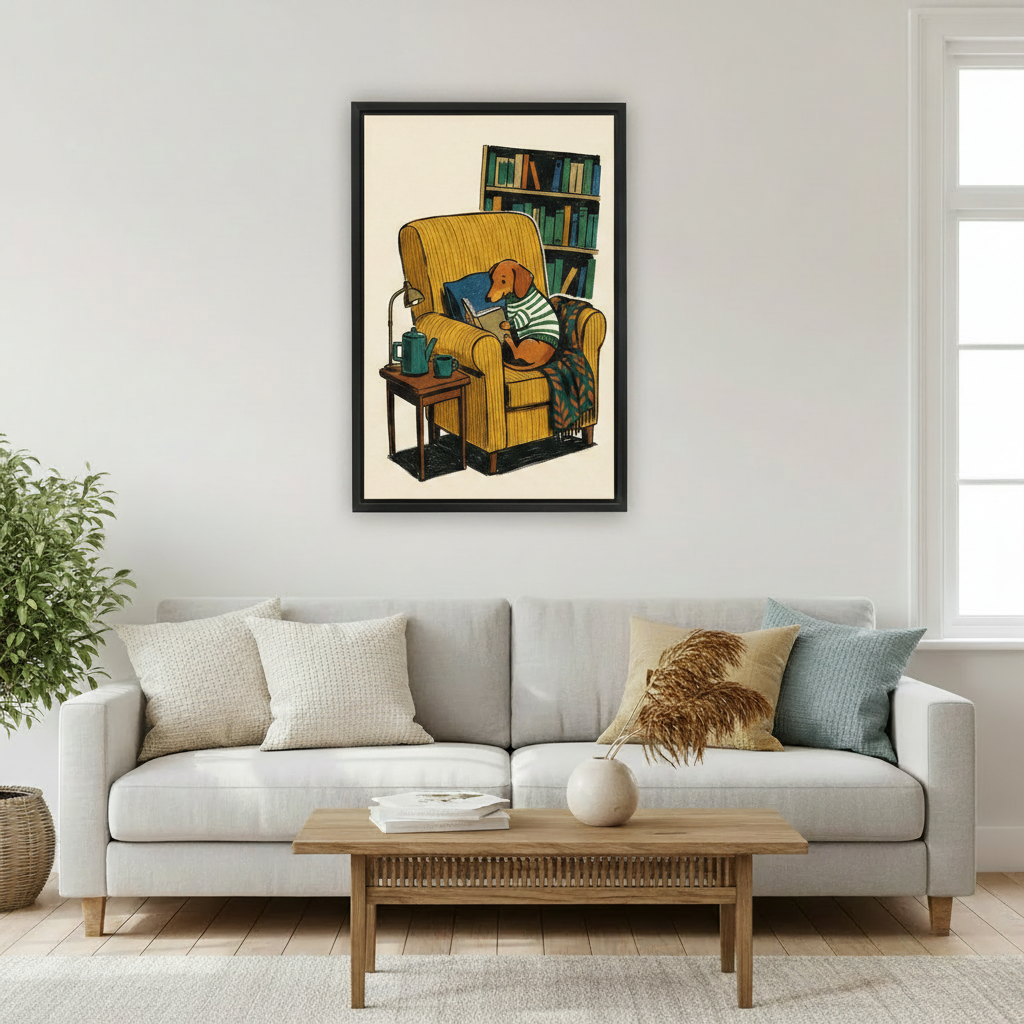 Vintage dachshund reading in armchair framed canvas wall art above white sofa in bright Scandinavian living room with wood coffee table