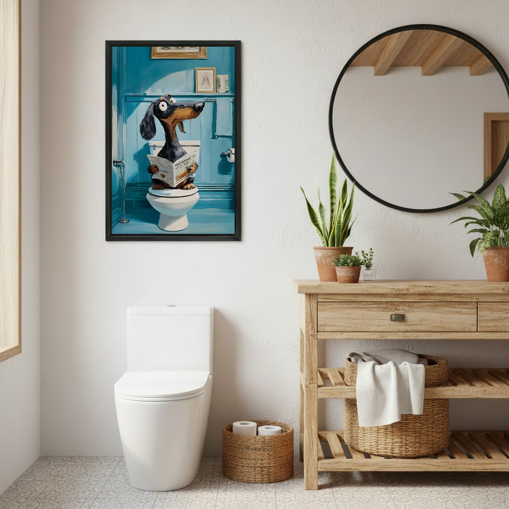 Funny dachshund reading newspaper on toilet framed poster displayed in rustic boho bathroom with wooden vanity