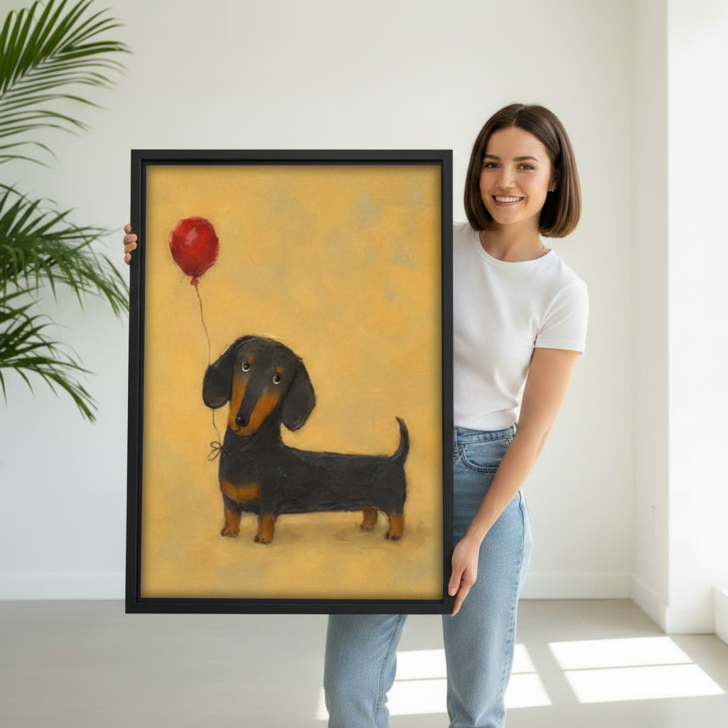 Smiling woman holding a large black-framed canvas art print of a cute black and tan dachshund with a red balloon tied to its collar, painted in a warm soft oil style on a golden yellow textured background