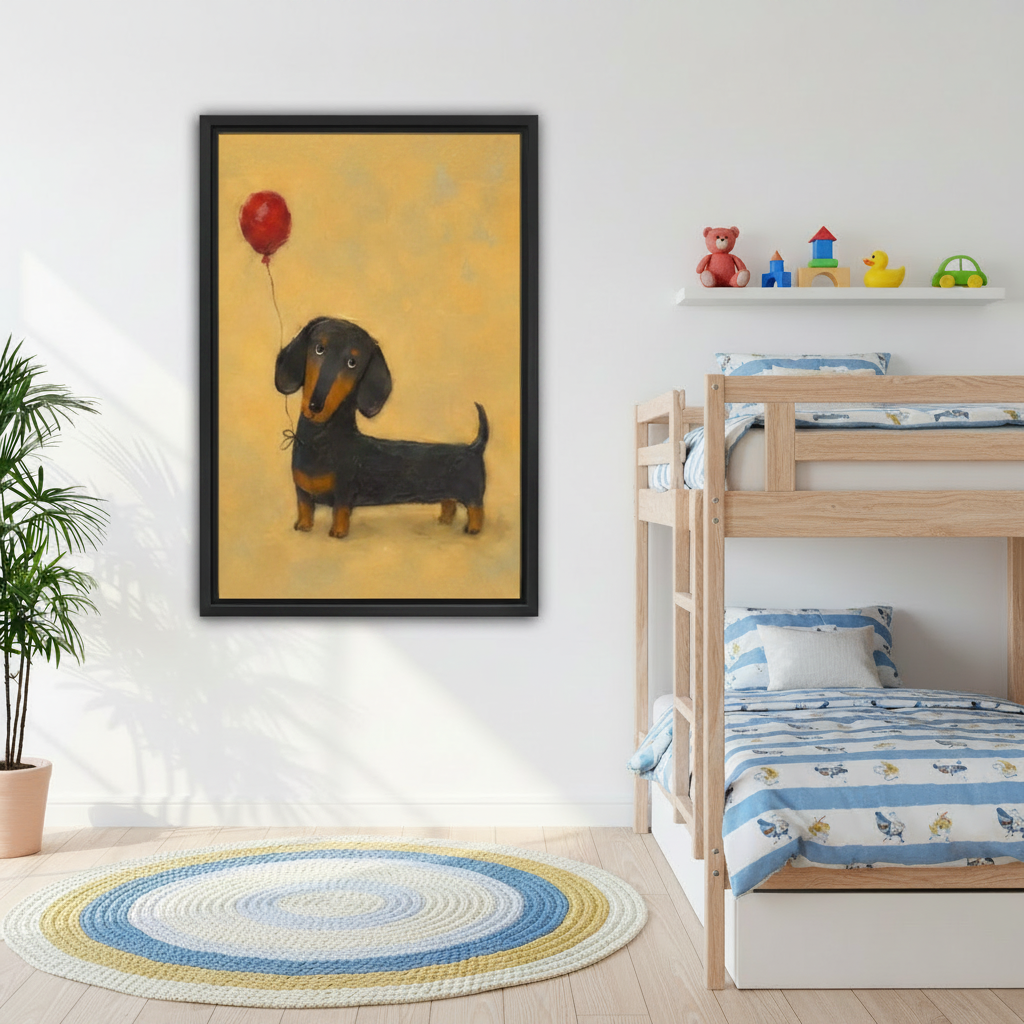 Black framed sweet dachshund holding a red balloon oil painting canvas hung in a cheerful kids bedroom beside a wooden bunk bed with blue striped bedding, a colorful round rug, and toy shelf with a teddy bear, rubber duck, and toy car