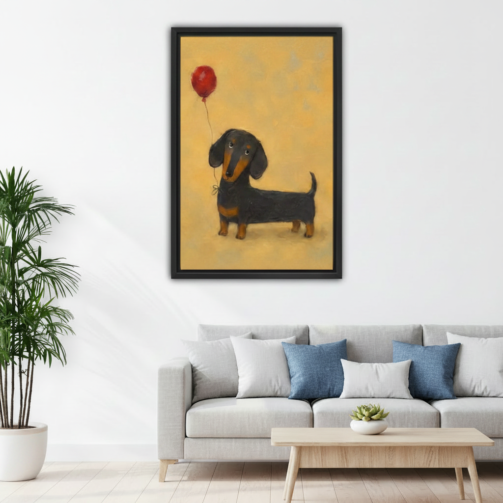 Black framed adorable dachshund with red balloon oil painting canvas hung above a light grey linen sofa with blue accent cushions and a small succulent on a wooden coffee table in a bright minimalist living room