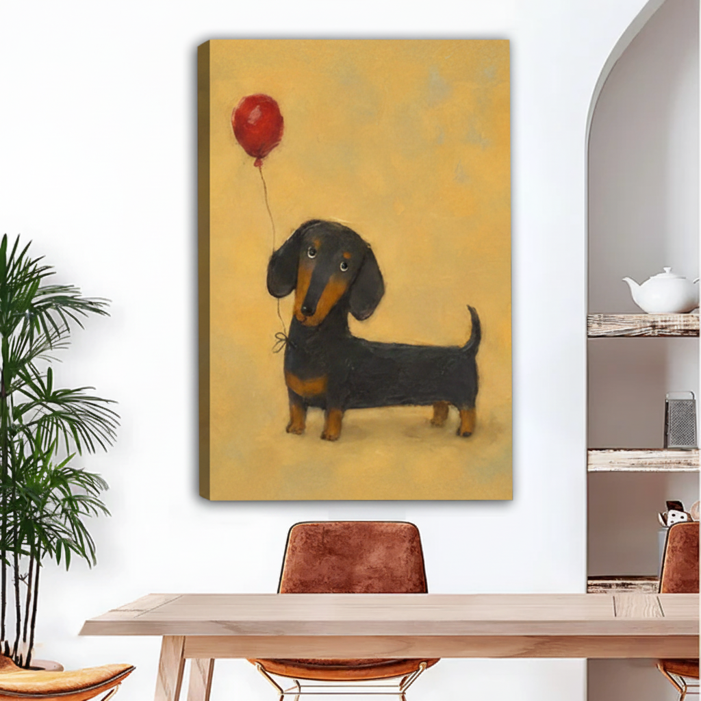 Frameless gallery-wrap canvas of an adorable black and tan dachshund holding a red balloon tied to its collar with a bow, painted in a soft oil style on a warm golden yellow textured background, displayed above a light wood dining table with brown leather chairs