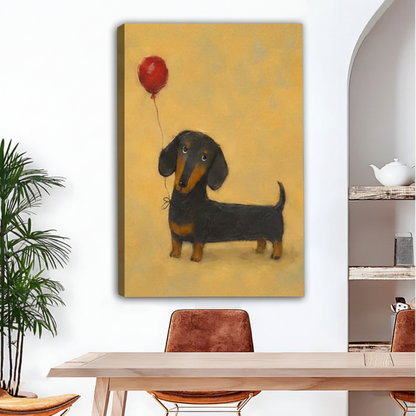 Frameless gallery-wrap canvas of an adorable black and tan dachshund holding a red balloon tied to its collar with a bow, painted in a soft oil style on a warm golden yellow textured background, displayed above a light wood dining table with brown leather chairs