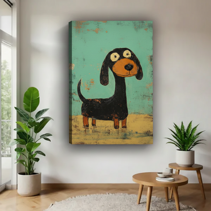 Whimsical dachshund teal retro gallery wrap canvas wall art no frame above side table, funny big-eyed dachshund oil painting on teal yellow background home decor