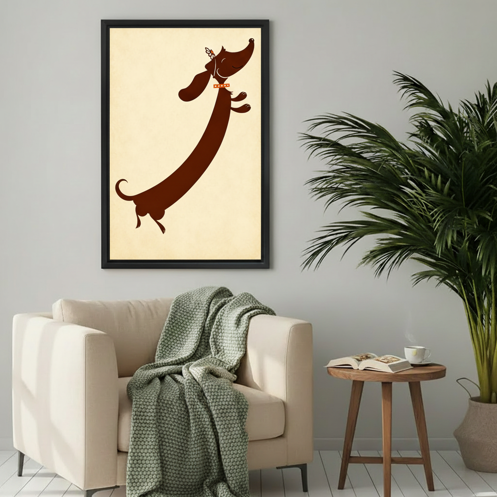 Dachshund retro illustration framed canvas wall art above beige armchair with cozy living room styling