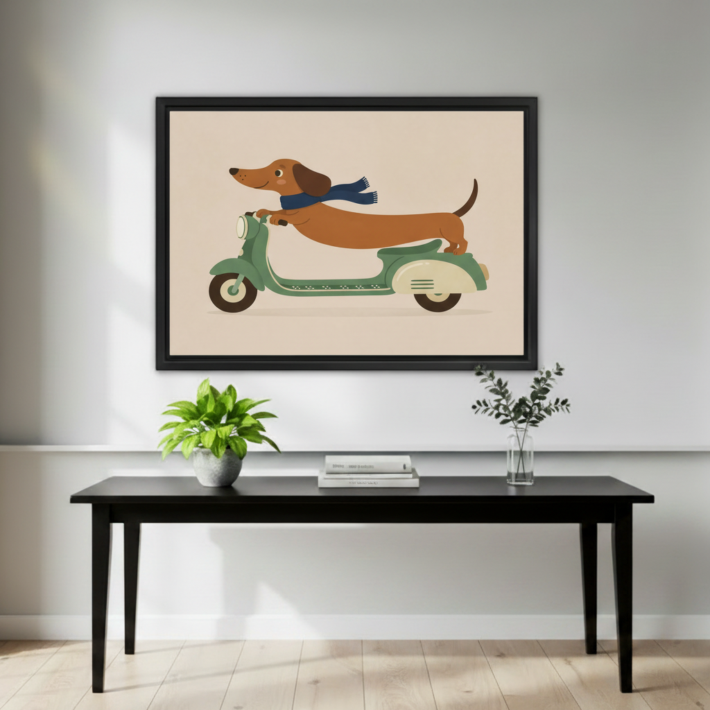 Fun retro dachshund on green scooter framed canvas print above sofa in cozy Scandinavian living room