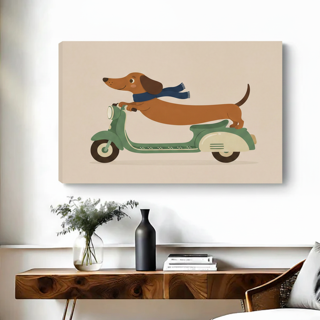 Retro dachshund scooter illustration gallery wrap canvas art displayed above console table in living room