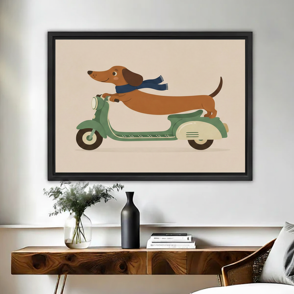 Cute dachshund riding retro green scooter with blue scarf framed canvas print hung above console in bedroom