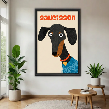 Funny dachshund saucisson retro wall art in black frame displayed on white wall in bright modern living room with plants