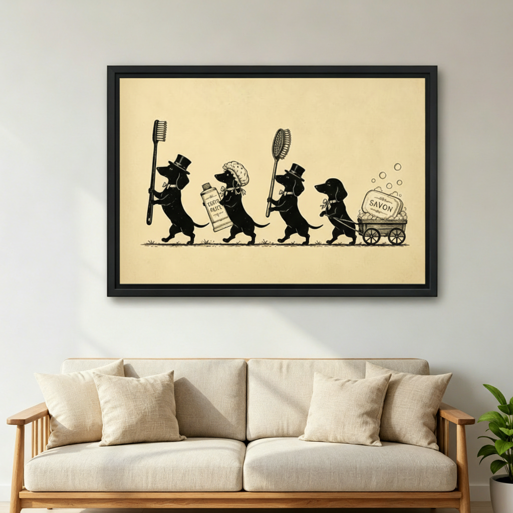 Large framed art print of dachshunds carrying toothbrush toothpaste and savon soap in a vintage illustration style, hung above a beige linen sofa