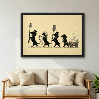 Large framed art print of dachshunds carrying toothbrush toothpaste and savon soap in a vintage illustration style, hung above a beige linen sofa