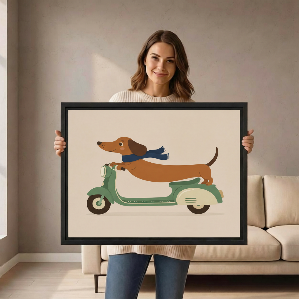 Woman holding large dachshund riding scooter framed canvas print showing size reference in bright room