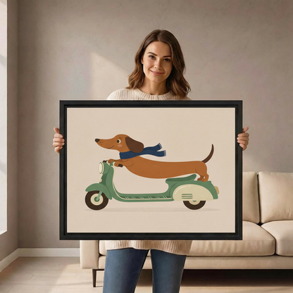 Woman holding large dachshund riding scooter framed canvas print showing size reference in bright room