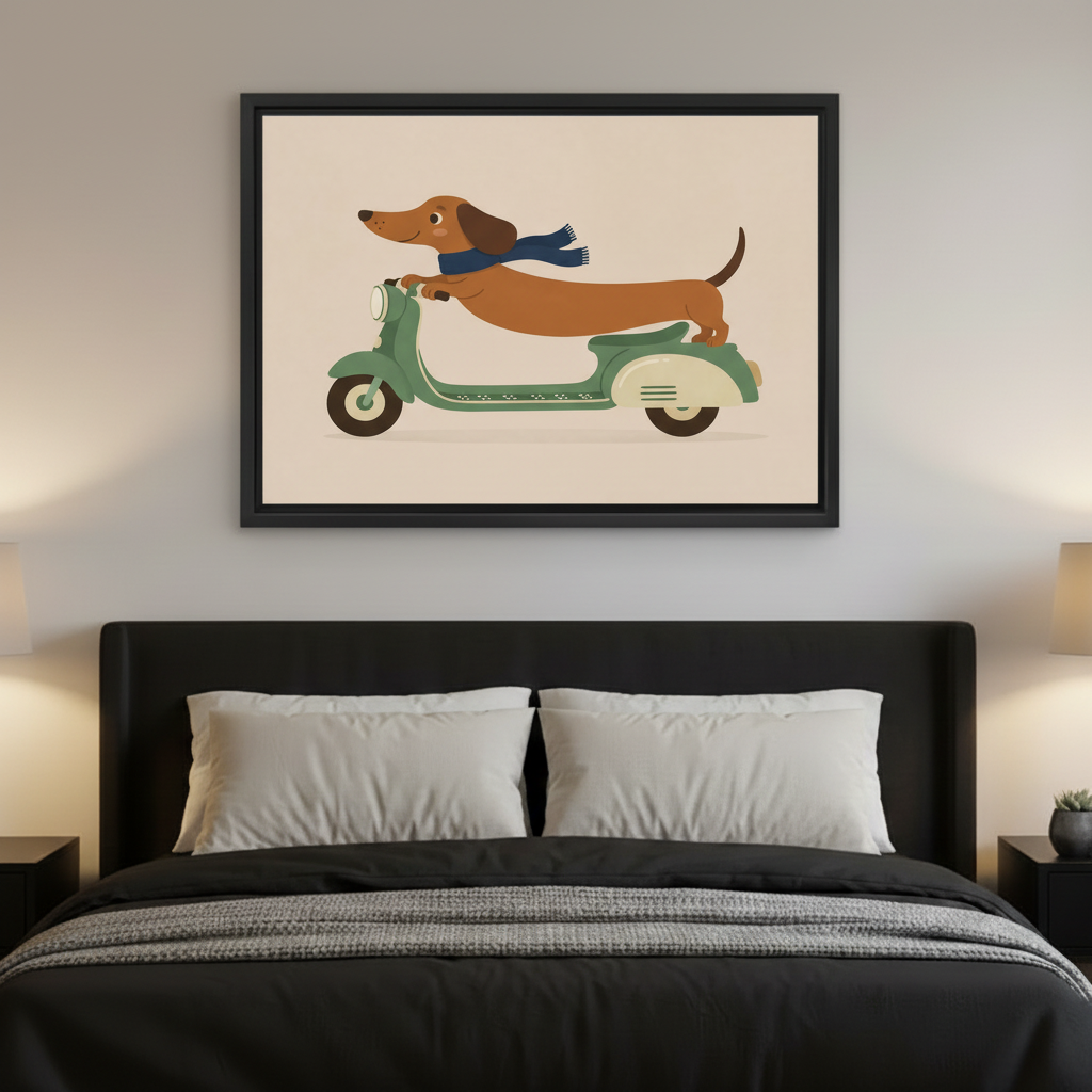 Whimsical dachshund riding scooter canvas wall art perfect for kids room or playful entryway decor