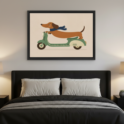 Whimsical dachshund riding scooter canvas wall art perfect for kids room or playful entryway decor